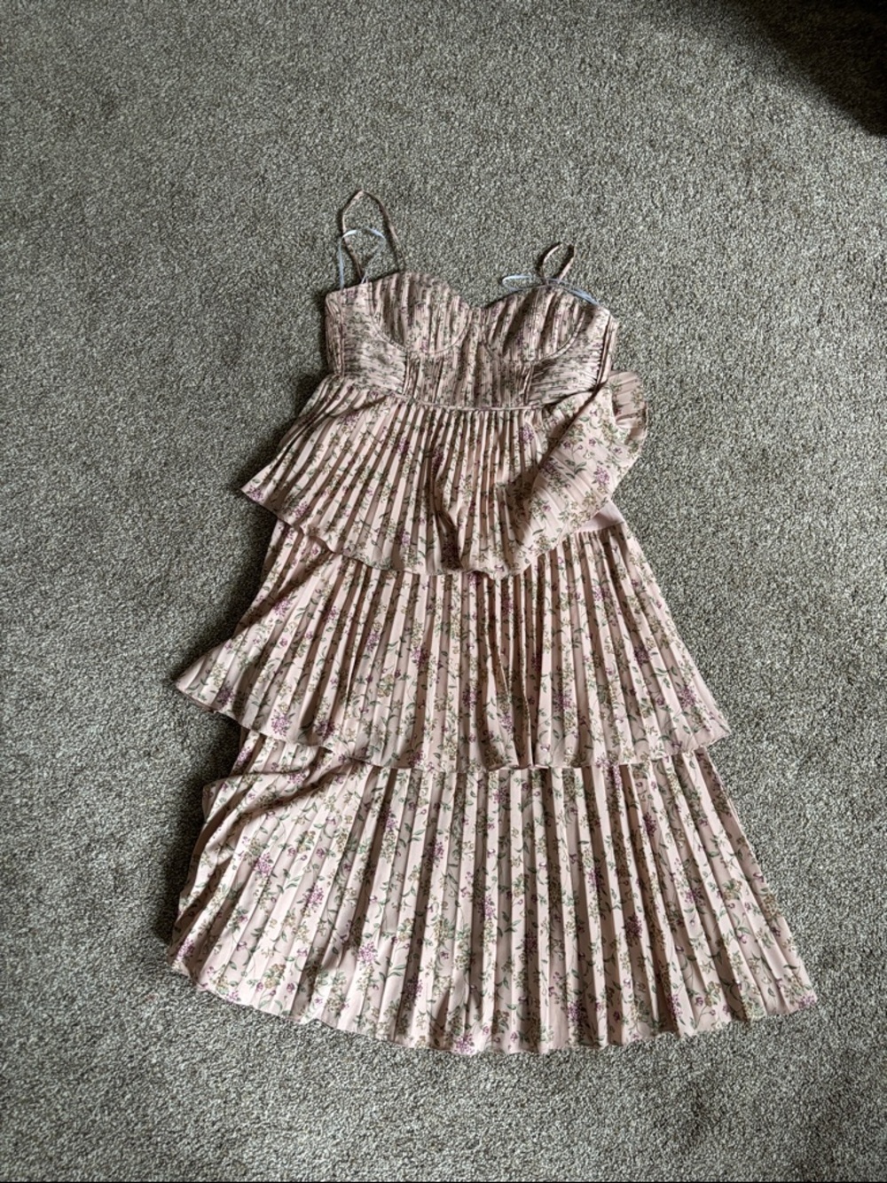 Lulu's Pink Floral Pleated Tiered Maxi Dress